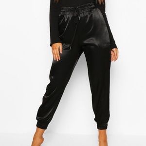 Black satin joggers